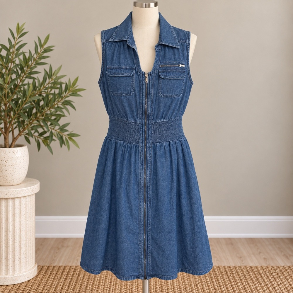 J. Gee Denim Dress Blue Sleeveless Full Zip Smocked Waist Utility Sz XL